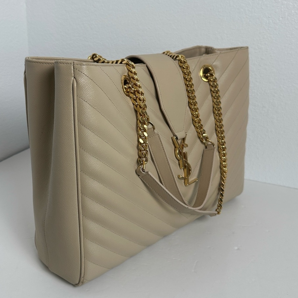 Saint Laurent YSL Monogram Chevron Shopping Tote – Beige with Gold Hardware - Picture 7 of 17